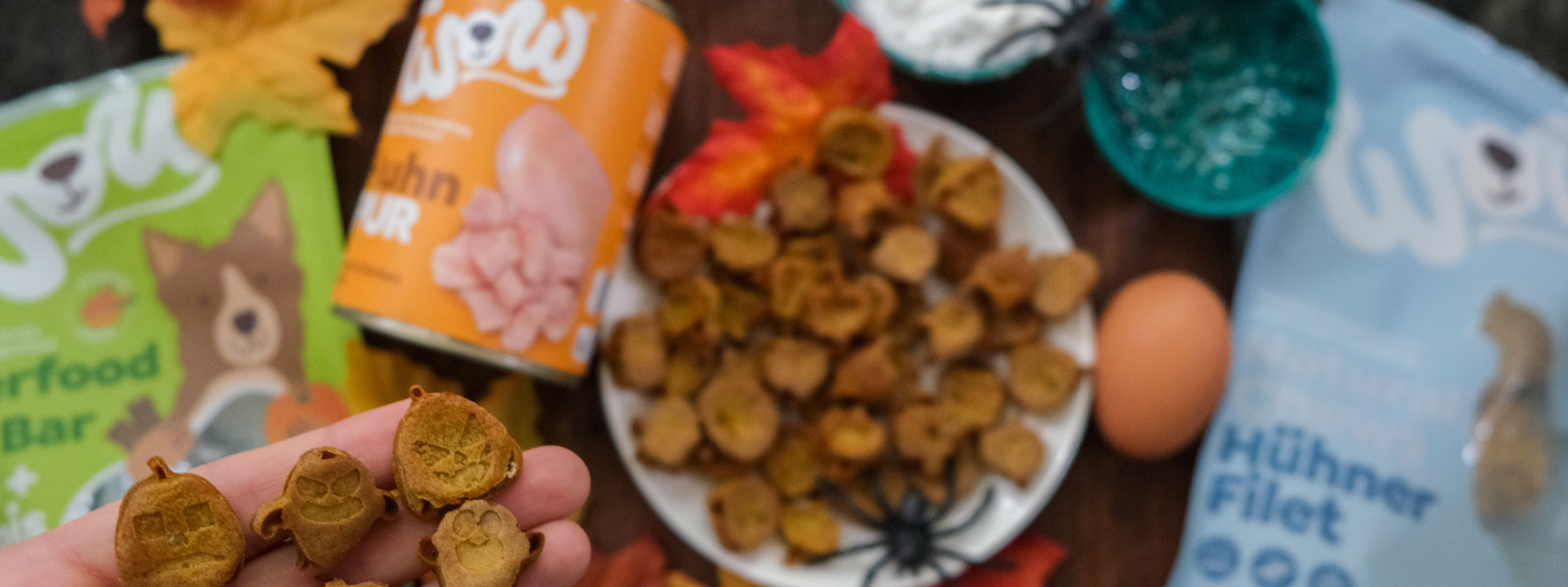 Hand mit Kroketten und Hundefutter im Hintergrund