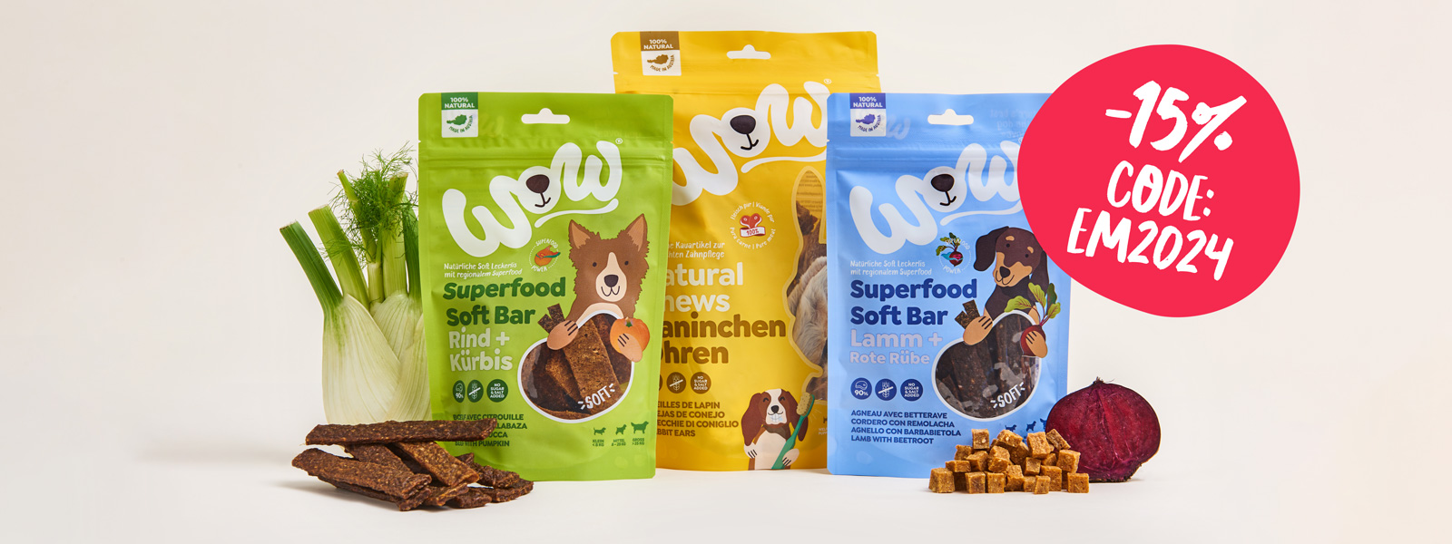 WOW DOG Snacks inkl. Störer mit 15% Rabattcode: EM2024